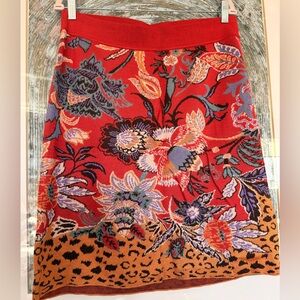 Anthropologie Red Floral Leopard-Trim Knit A-Line Skirt